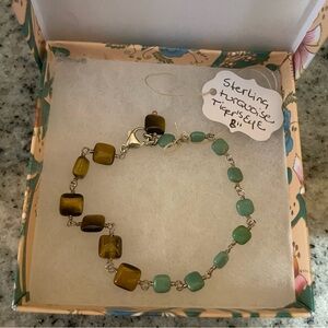 Sterling Silver, Genuine Turquoise & Tiger’s Eye 8” bBracelet. EUC.